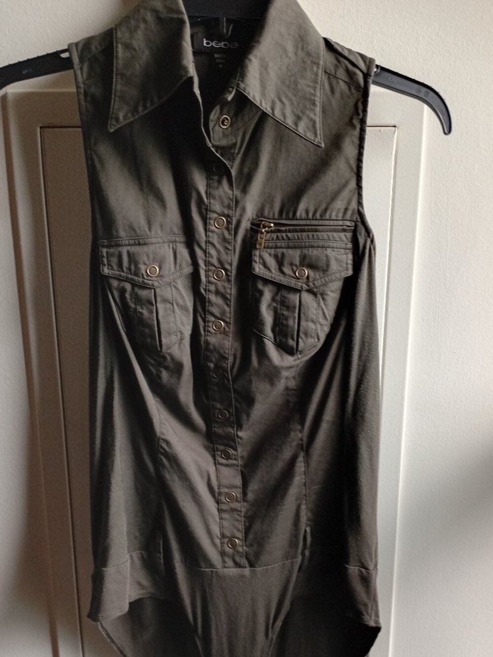 Vintage Bebe Sleeveless Collared Bodysuit Dark Caviar